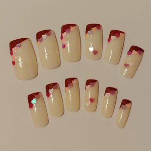 Pink French Tip Nails Valentine's Day Press On Nails - New Hand Painted